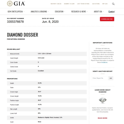 Diamante Naturale Certificato GIA Kt. 0,54 Colore G Purezza IF