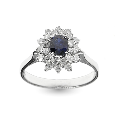 Anello in Oro Bianco 18 Kt. con Zaffiro Kt. 0.48 e Diamanti Naturali Kt. 0.85