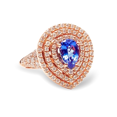 Anello in Oro Rosa 18 Kt. con Zaffiro Kt. 1,49 e Diamanti Naturali Kt. 1,94 F-VVS