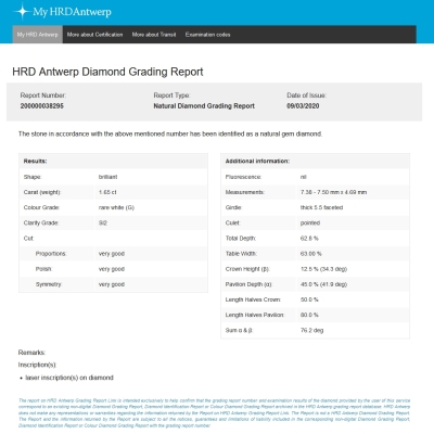 HRD Certified Natural Diamond Kt. 1,65 Color G Clarity SI2