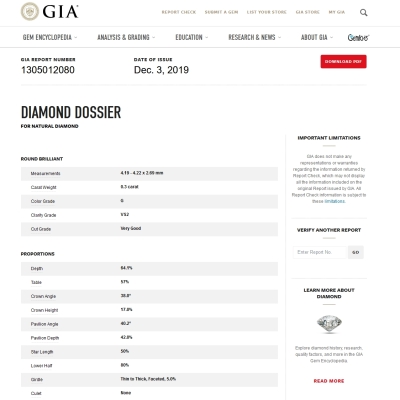 GIA Certified Natural Diamond Kt. 0,30 Color G Clarity VS2