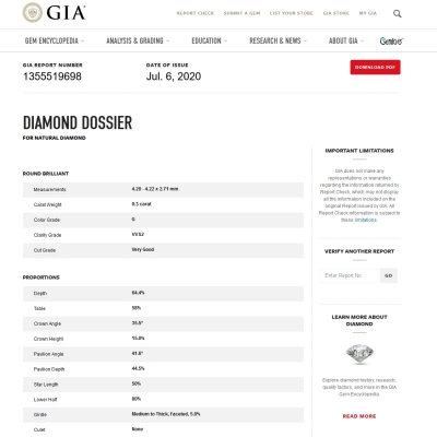 GIA Certified Natural Diamond Kt. 0,30 Color G Clarity VVS2