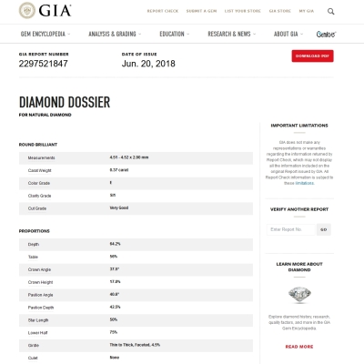 GIA Certified Natural Diamond Kt. 0,37 Color E Clarity SI1