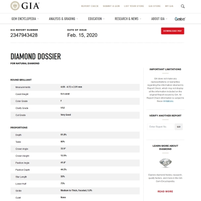 Diamante Naturale Certificato GIA Kt. 0,40 Colore F Purezza VS2