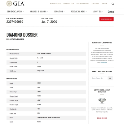 Diamante Naturale Certificato GIA Kt. 0,40 Colore F Purezza VVS2