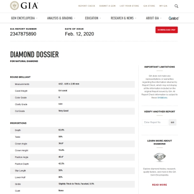 GIA Certified Natural Diamond Kt. 0,40 Color G Clarity VS1