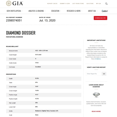 Diamante Naturale Certificato GIA Kt. 0,43 Colore G Purezza VVS2