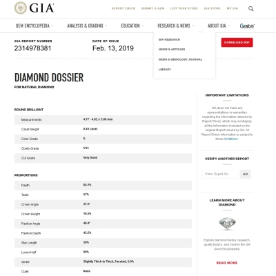 Diamante Naturale Certificato GIA Kt. 0,45 Colore G Purezza VS1