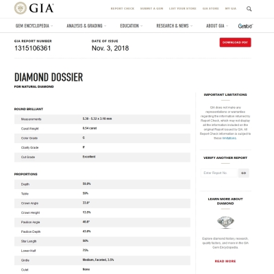 GIA Certified Natural Diamond Kt. 0,54 Color G Clarity IF