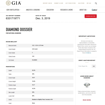 Diamante Naturale Certificato GIA Kt. 0,55 Colore F Purezza VS1