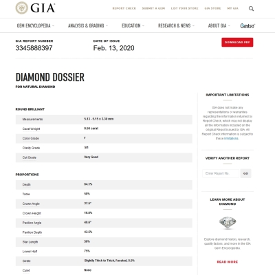 GIA Certified Natural Diamond Kt. 0,56 Color F Clarity SI1