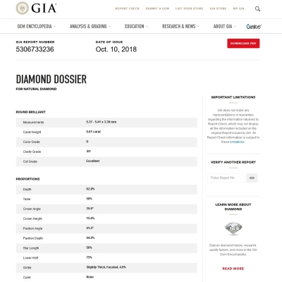 Diamante Naturale Certificato GIA Kt. 0,61 Colore G Purezza SI1