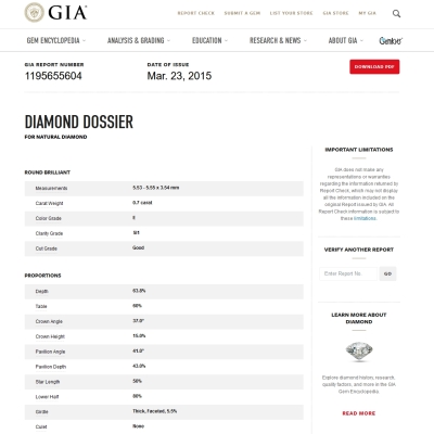 GIA Certified Natural Diamond Kt. 0,70 Color E Clarity SI1