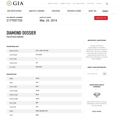 Diamante Naturale Certificato GIA Kt. 0,72 Colore F Purezza SI1