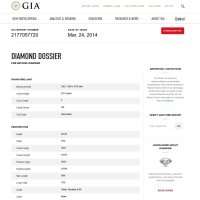 GIA Certified Natural Diamond Kt. 0,72 Color F Clarity SI1