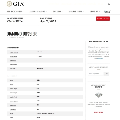 GIA Certified Natural Diamond Kt. 0,40 Color F Clarity IF