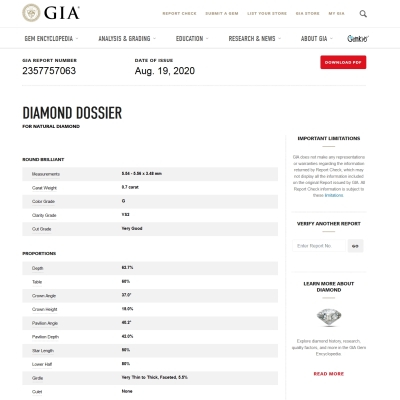 GIA Certified Natural Diamond Kt. 0,70 Color G Clarity VS2