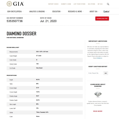 GIA Certified Natural Diamond Kt. 0,70 Color G Clarity VS2