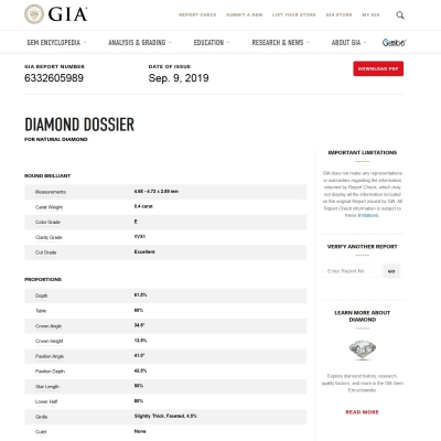 GIA Certified Natural Diamond Kt. 0,40 Color E Clarity VVS1