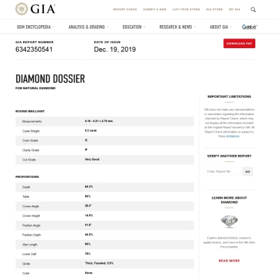 GIA Certified Natural Diamond Kt. 0,30 Color G Clarity IF