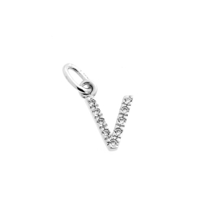 18 Kt White Gold Pendant V Letter with Cubic Zirconi (0,8 Cm)