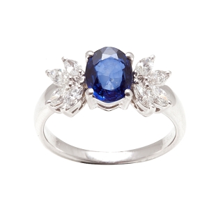 18 Kt White Gold Ring with Sapphire Kt. 1,34 and Natural Diamonds Kt. 0,54 F-VVS