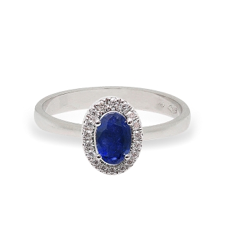 18 Kt. White Gold Ring with 0,64 Ct. Sapphire and 0,07 Ct. Natural Diamonds