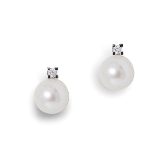 18 KT White Gold Earrings Pearls mm. 7,5-8 Diamonds Kt, 0,06