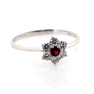 750 Mill. White Gold Ring with Red & White Cubic Zirconia Size P