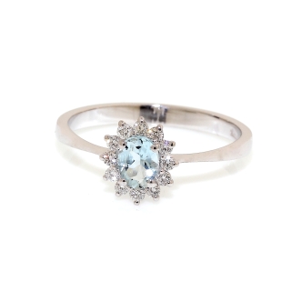 18 kt White Gold Ring with Kt. 0,33 Aquamarine and Kt. 0,15 Natural Diamonds